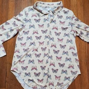 LuLaRoe Collared Button Up Long Sleeve Top With Butterflies